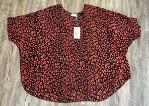 ADRIENNE Amanda Oversized Top Black/Red Leopard Print Blouse Size L